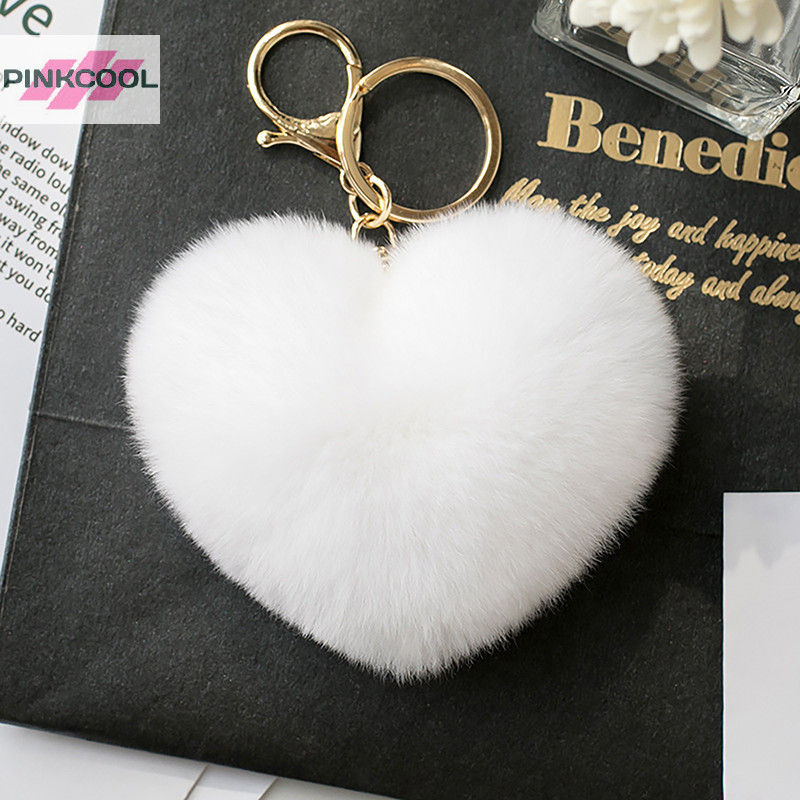 PINKCOOL สีทึบปุย Pompom พวงกุญแจของขวัญสําหรับผู้หญิงรูปหัวใจนุ่ม Pompon รถปลอมกระเป๋าอุปกรณ์เสริมพวงกุญแจร้อน