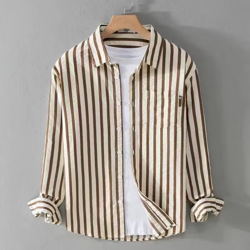 เสื ้ อเชิ ้ ตลายทางผู ้ ชายแขนยาว Layered Japanese Retro Design Niche Loose All-Match Jacket