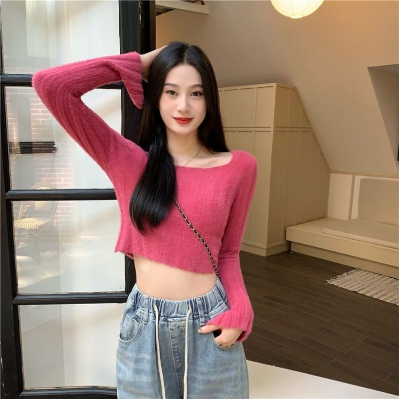 Glass Sky พร้อมส่ง (C587) -Cเสื้อครอปสั้นไหมพรมแขนยาว ดีเทลขนมุ้งมิ้ง น่ารักมาก 5สี