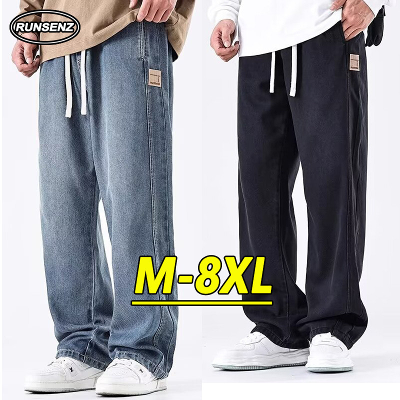 L-8xl เวอร ์ ชั ่ นเกาหลีกางเกงยีนส ์ ระดับไฮเอนด ์ ผู ้ ชายขนาดบวกกางเกงยีนส ์ ลําลองหลวมสีฟ ้ าขาตรงกางเกงยีนส ์ กางเกงขายาว