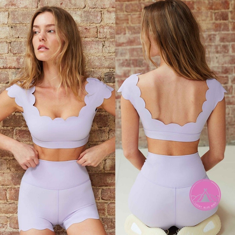 สปอร์ตบรา ้ นด ้ านบนผิวลูกไม ้ Cropped พร ้ อมเบาะโยคะแขนสั ้ นฟิตเนสลูกไม ้ เปลือยกลางแจ ้ งสบายๆโยคะกางเกงขาสั ้ น