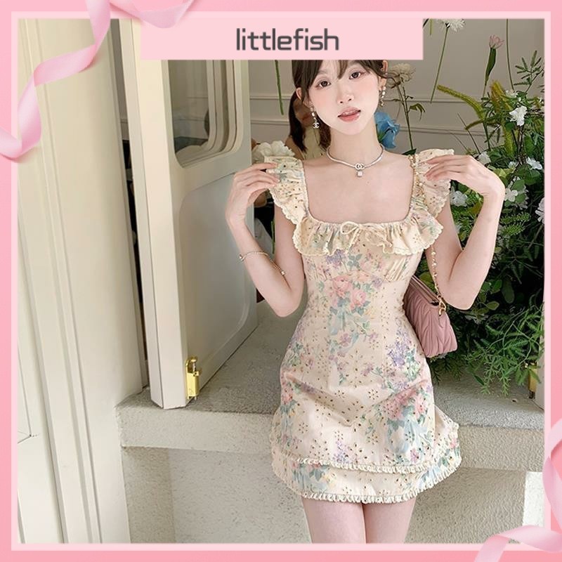 [Littlefish] ฤดูร้อนสไตล์ใหม่ Slim-fit Bowknot ประณีตสาว Big Ruffled เอวแคบ Slimmer ดู Jacquard พิมพ์ชุด