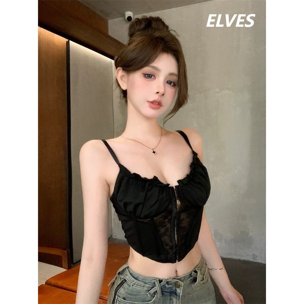Elves พร้อมส่ง สีทึบเซ็กซี่กระดุมแถวเดียวรายละเอียดลูกไม้กระชับบางเสื้อเบาะ(FY2226-J)
