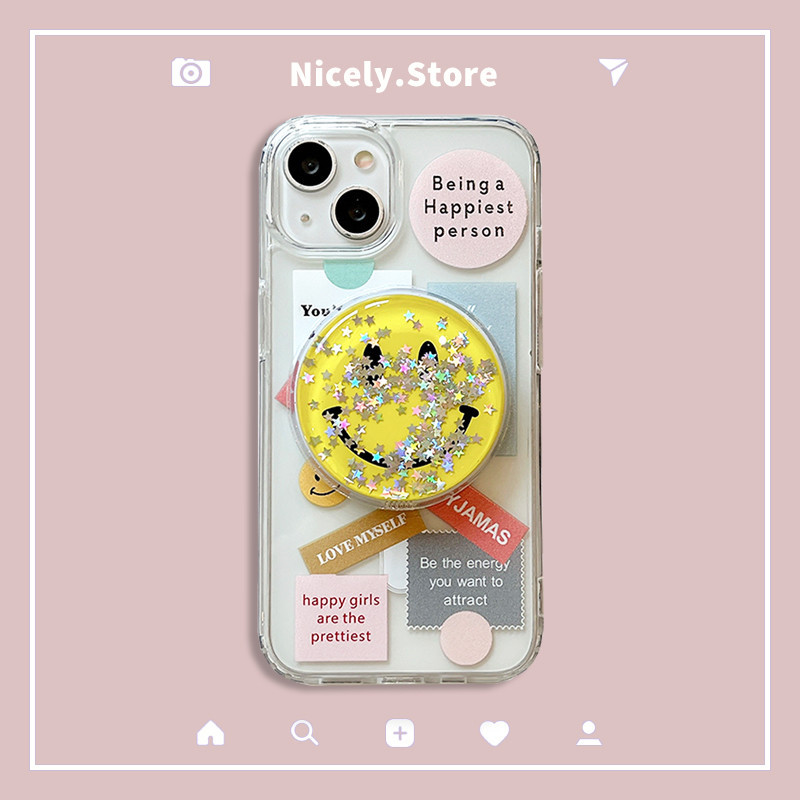 ป้ายแฟชั่น Quicksand Smile Face ผู้ถือแม่เหล็กไร้สายชาร์จเคสโทรศัพท์สําหรับ iPhone 15 14 13 12 Pro Max 11 15Promax 14Pro โปร่งใสกันกระแทกอะคริลิคปลอก