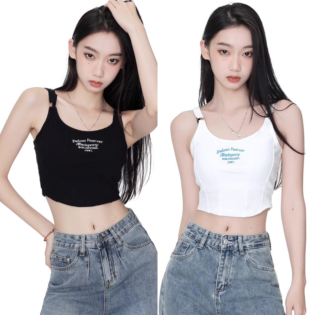 SuySuy พร้อมส่ง เสื้อครอป สายเดี่ยว แต่งสายห่วง เสริมฟองน้ำ ทรงเข้ารูป กรีนตัวอักษร น่ารักเซ็กซี่มาก สไตล์สาวโคเรีย
