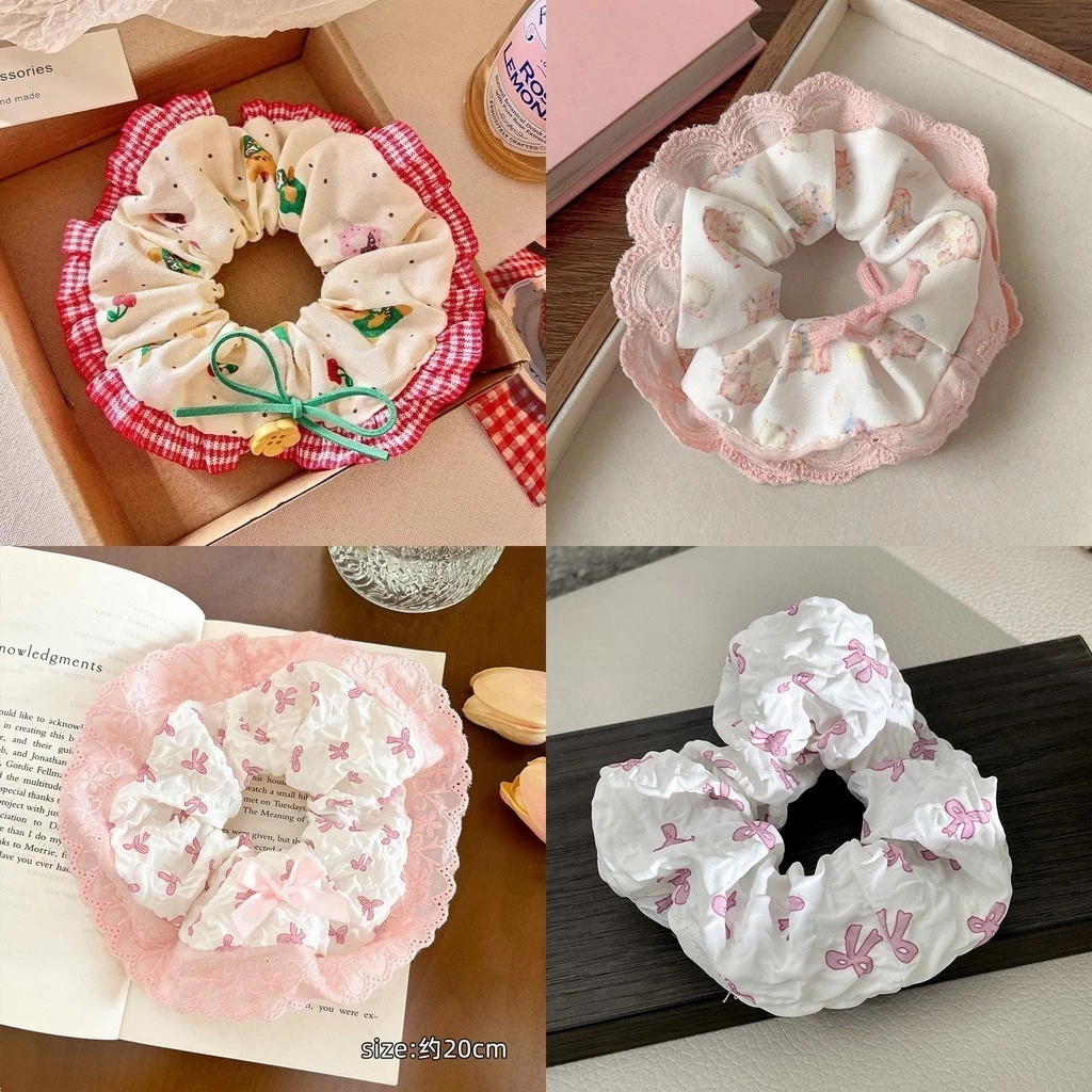 2024ins สไตล์ฤดูร้อน Sweetheart Soft Girl Scrunchy แหวนผมโบว์สีชมพู