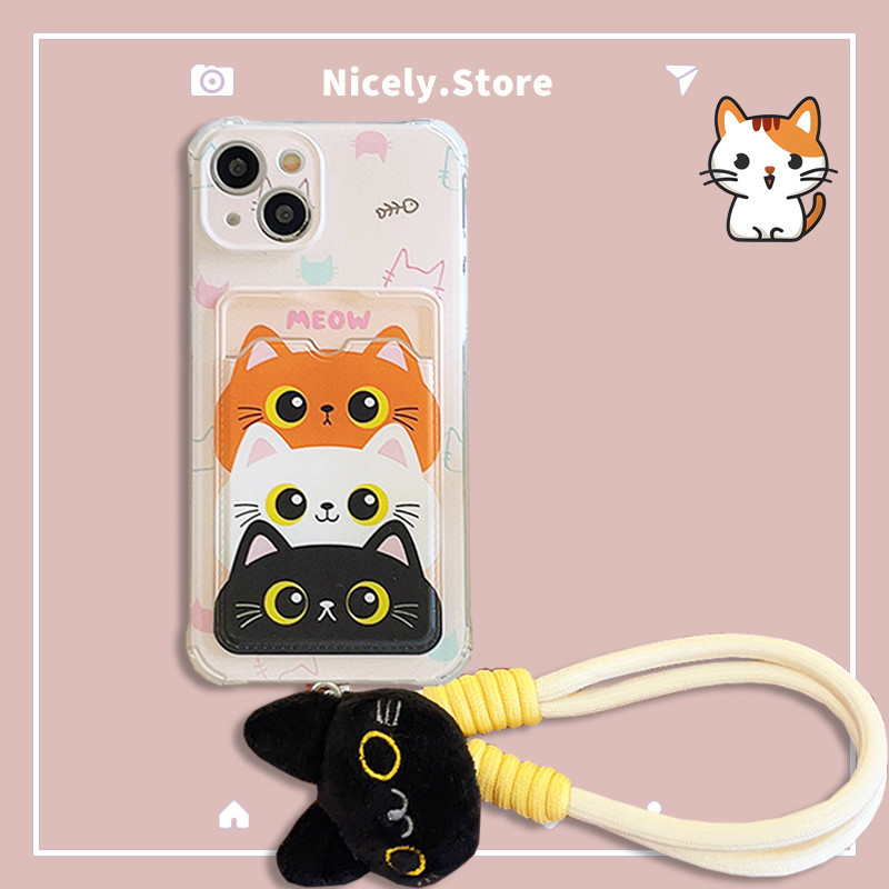 แมวน่ารักผู้ถือบัตรตุ๊กตาสายรัดข้อมือเคสโทรศัพท์เข้ากันได้สําหรับ ไอโฟน 15 14 13 12 มือโปร สูงสุด 11 13โปรแม็กซ์ 15โปรแม็กซ์ เต็มครอบคลุม ทีพียู ปกหลังปลอก