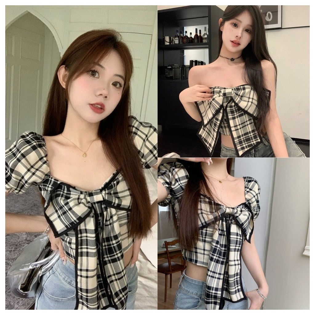 Glassy Sky พร้อมส่ง เสื้อเชิ้ตผ้าไหมแขนสั้นแต่งดีเทลลายสก็อตมีโบว์ด้านหน้า(FY0456/FY5044) -H