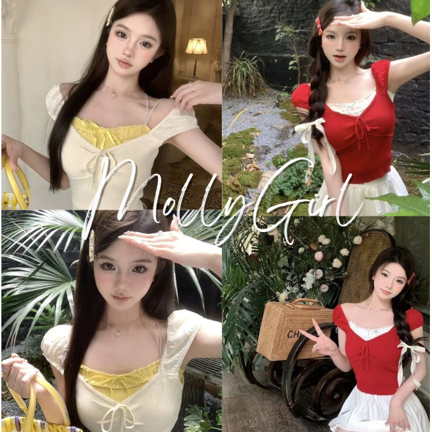 mollygirl.shop 2024 เสื้อทูพีซเสื้อยืดแขนสั้นสีตัดกันโบว์