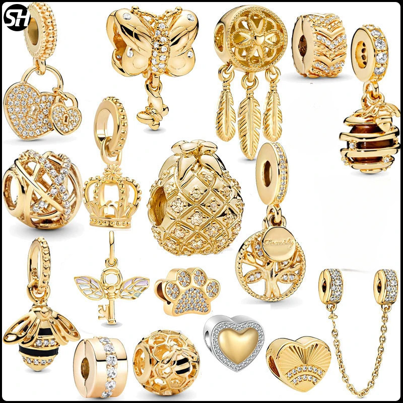 S925 เงินสเตอร์ลิงสีทอง Family Tree Heart Crown จี้ Charm Fit charms สร้อยข้อมือลูกปัดของขวัญผู้หญิงสําหรับเครื่องประดับทํา