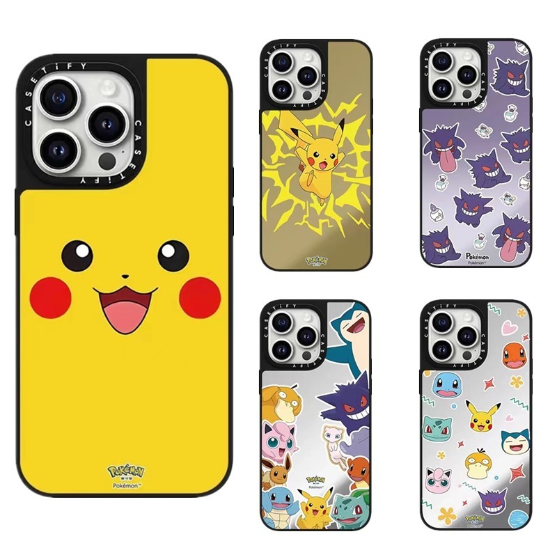 CASETI Pokemon Phone Case For iPhone 11 12 13 14 15 Plus Pro Max Hard Mirror Magnetic Black Cover