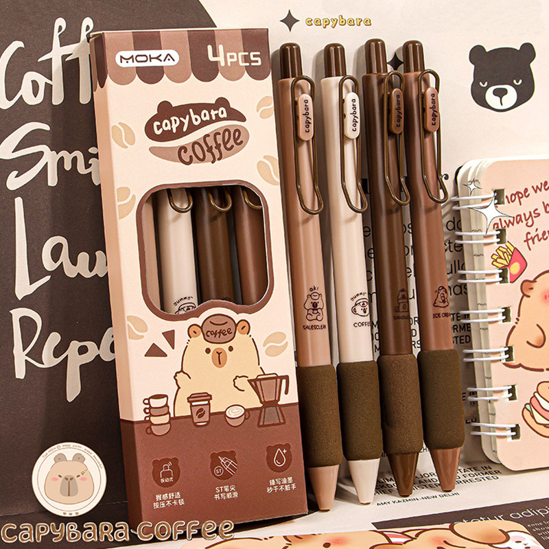 4 ชิ้นชนิดบรรจุกล่อง 0.5 มม.Soft Grip การ์ตูน Capybara Coffee Series Retractable ปากกาเจลแบบพกพาหมึกสีดํา ST Nib Neutral ปากกาปากกาลายเซ็นอุปกรณ์การเรียน