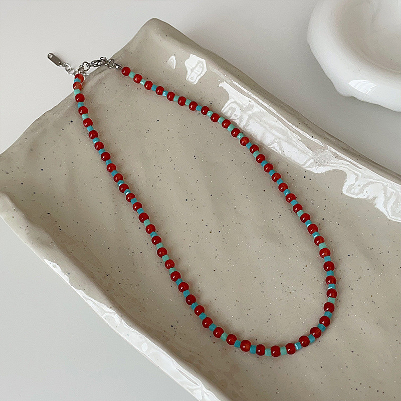 ย้อนยุคบรรยากาศสีแดงสีฟ้าลูกปัดสร้อยคอหญิง อิน - รูปที่ 6