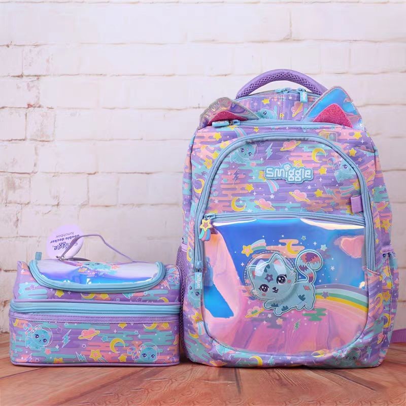 ออสเตรเลีย smiggle Space Cat กระเป๋านักเรียนน้ําหนักเบานักเรียน Burden-Reduction กระเป๋าใส่อาหารกันน้ําถ้วยน้ํากล่องดินสอ
