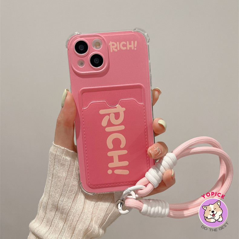 สีชมพู RICH น่ารักสายรัดข้อมือเคสโทรศัพท์สําหรับ iPhone 13 14 15 Promax 12 13mini 11 Pro Max X XS XR XS Max 7 8 Plus SE2020 6Plus การ์ดกระเป๋าโทรศัพท์นุ่มโซ่แขวนเชือกสาว