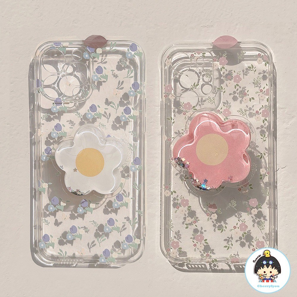 เคสโทรศัพท์มือถือแบบนิ่ม TPU ใส กันกระแทก กันรอย ลายดอกไม้ สีฟ้า พร้อมที่ตั้งวาง เหมาะกับฤดูร้อน สําหรับ IPhone 15 11 12 13 14 Pro Max