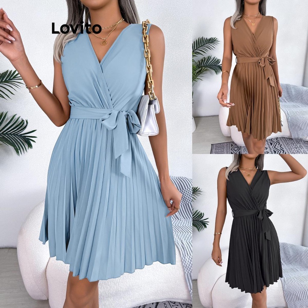Lovito ชุดเดรสผู้หญิง แต่งจีบ มีสายผูกด้านหน้า สีพื้น สไตล์หรูหรา LNL48142