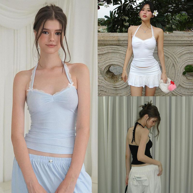 ผู้หญิงเสื้อกล้ามลูกไม้ Trim Tie-Up Halter คอเสื้อลําลอง