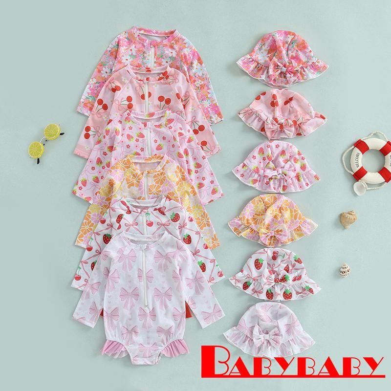 Bab-toddler Girls Rash Guard ชุดว่ายน้ําพร้อมหมวก Ruffled Zip Up แขนยาวคอลูกเรือ