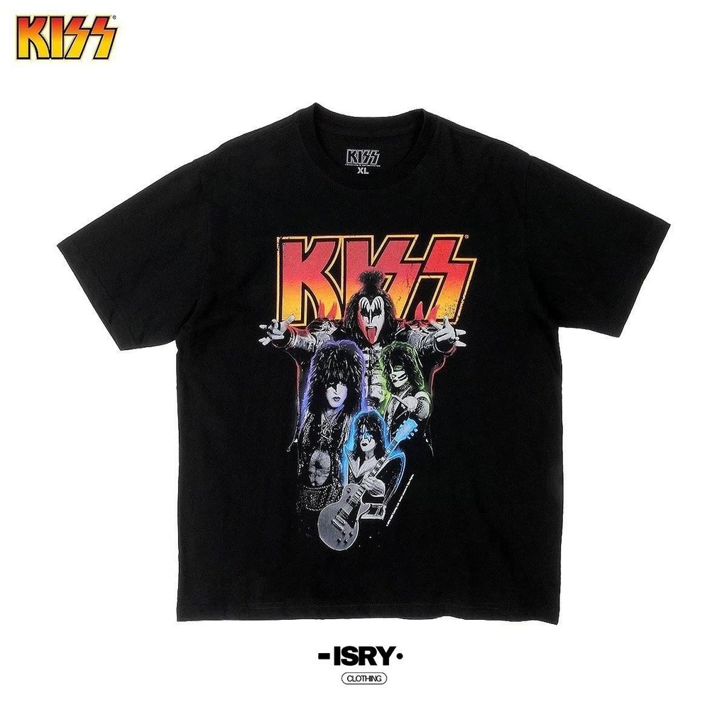 ไอสรี่. Kiss T-Shirt (KISS) (Black KISS/Back Screen), เสื้อยืดวง, เสื้อเชิ้ตผ้าฝ้ายแท้คอกลม
