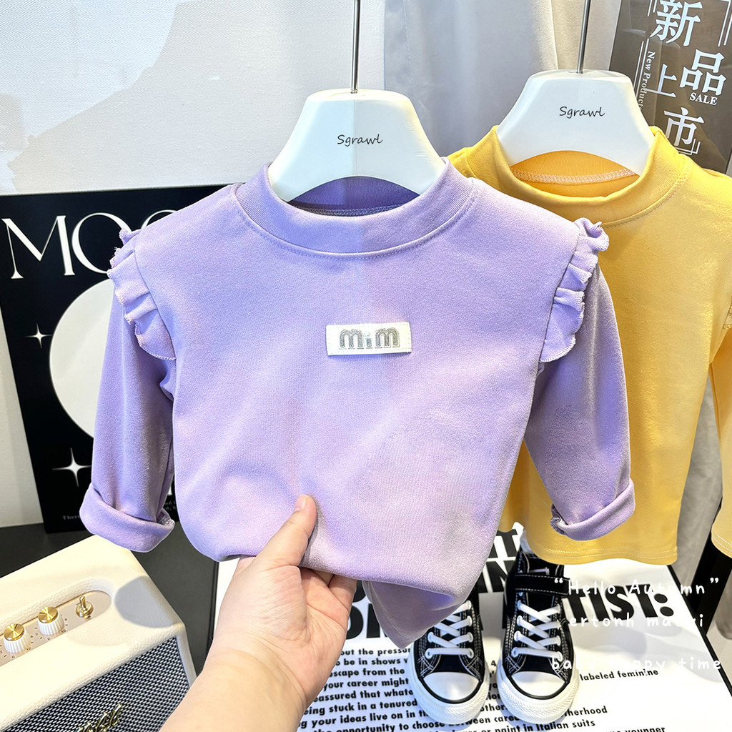 (6m-8Y) ฤดูใบไม้ผลิฤดูใบไม้ร่วงเสื้อผ้าเด็กทารก Flying Sleeve แฟชั่น All-Match Top สีทึบเสื้อลําลองฤ