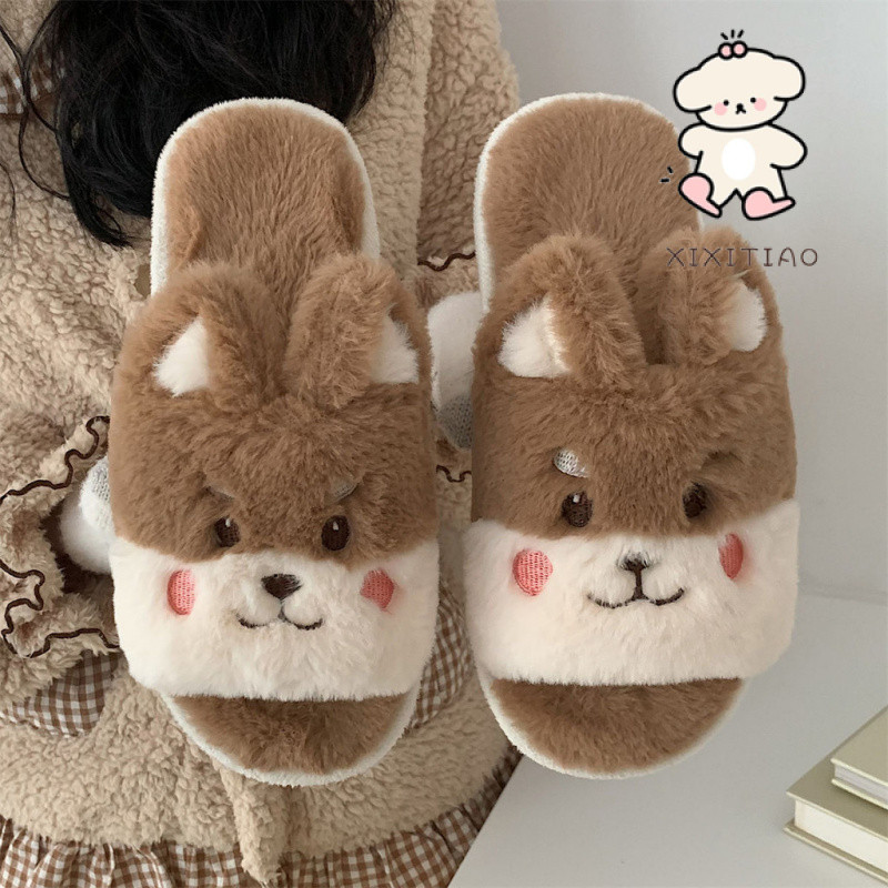 ฉี่เตียว รองเท้าแตะผ้าฝ้ายน่ารักหญิงฤดูหนาวการ์ตูนบ้านอบอุ่นตุ๊กตาคุมขังรองเท้า