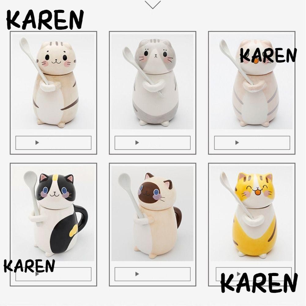 แก้วกาแฟขวา รูปแมว 6 สีแก้วกาแฟพร้อมช้อนน่ารักเซรามิคถ้วยชานม ครัว