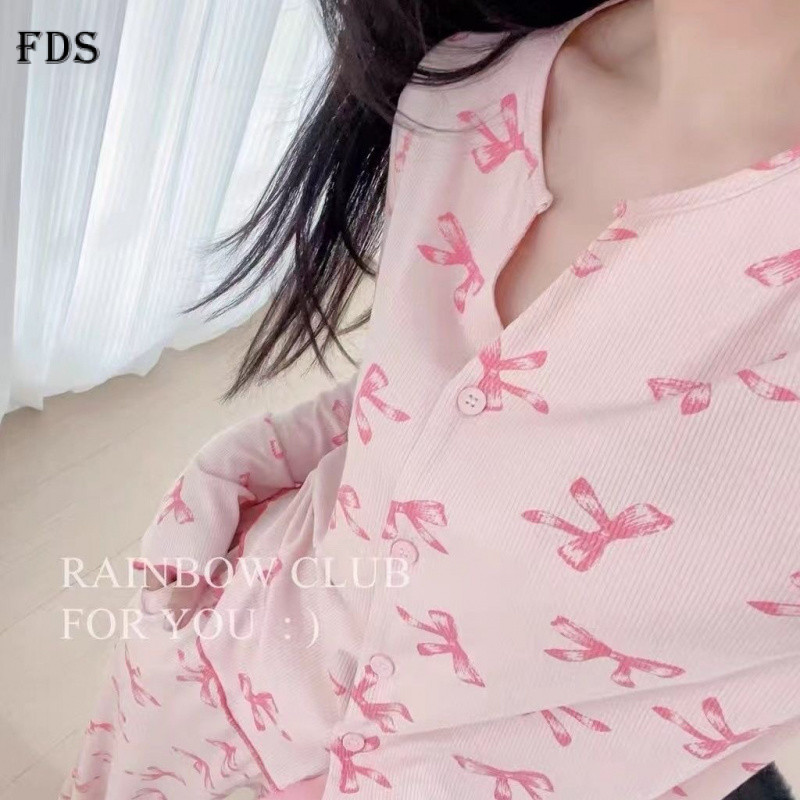 ชุดนอนผ้าไหมน้ำแข็งคอวี FDS แบบริบโบว์สำหรับผู้หญิง ชุดนอนแขนยาวและกางเกงขายาวฤดูใบไม้ผลิและฤดูใบไม้ร่วง