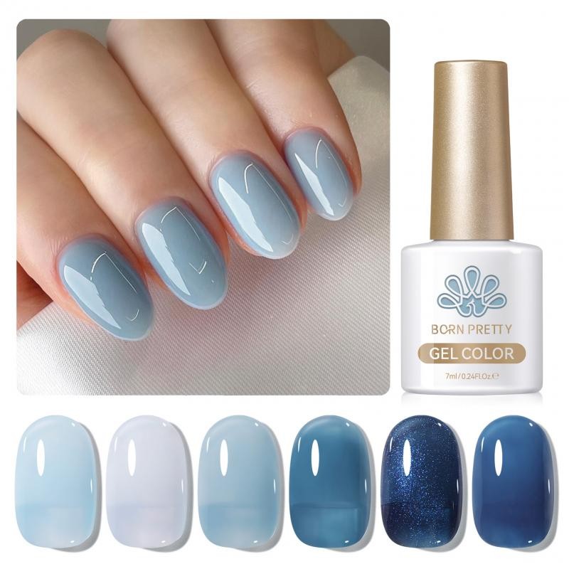 Born PRETTY 6 ชิ้น Lake Blue Gel ชุดยาทาเล็บ Jelly Blue Soak Off UV LED Varnish Set