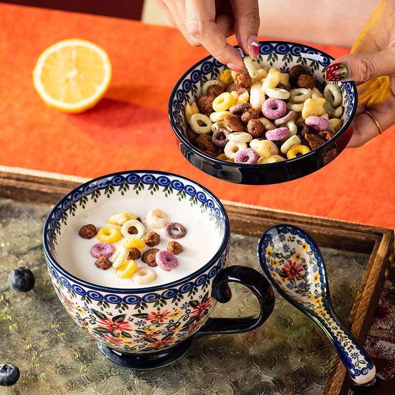 ชุดถ้วยกาแฟสไตล์โบฮีเมียนย้อนยุคดอกไม้ถ้วยเซรามิก/ผ้าพันคอ/ช้อนความจุสูงถ้วยน้ําชายามบ่ายไมโครเวฟถ้วยอาหารเช้าแก้ว - รูปที่ 4