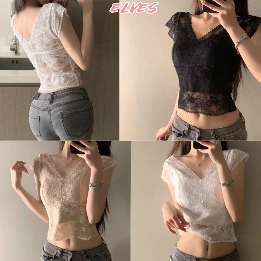 Elves พร้อม💟เสื้อกล้ามลูกไม้ ผ้านุ่มนิ่มมาก มีฟองน้ำในตัว ยืดตามตัวสีพื้น เสื้อเรย่อน"FY2603"