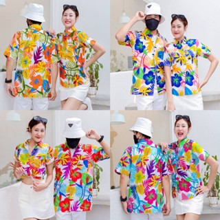 PINK033เสื้อเชิ้ตลายดอก ผ้าคอตตอน100% สีไม่ตก ผ้าไม่หด ลายคม…