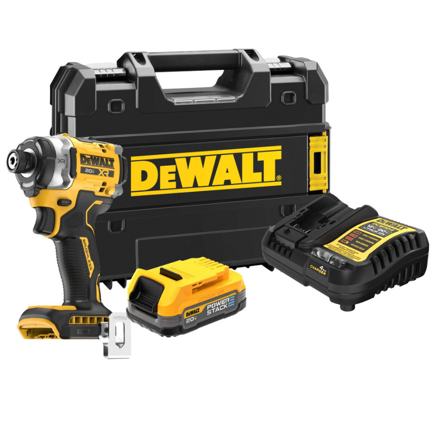 DEWALT สว่านไขควง รุ่น DCF860E1T-B1พร้อมแบตเตอรี่ Powerstack และกล่อง TSTAK ชุดไขควงกระแทกไร้สาย ไร้