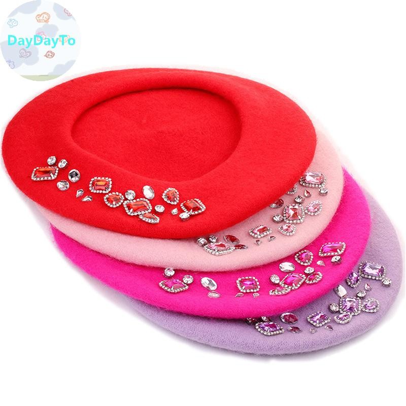 Daydayto ฝรั่งเศส Beret หนา Rhinestone Decor Brimless Thermal Decor ขนสัตว์ศิลปินสไตล์ฝรั่งเศสจิตรกรหมวกผู้หญิง Headwear TH