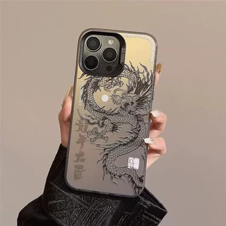 🔥POPPA🔥ส่งจากไทย สีดำหรูหราซิลิโคนแข็งกรณีโทรศัพท์ มังกรจีน for IPhone 13 15 7Plus 14 12 11 Pro MAX 7Plus X XR XS 16