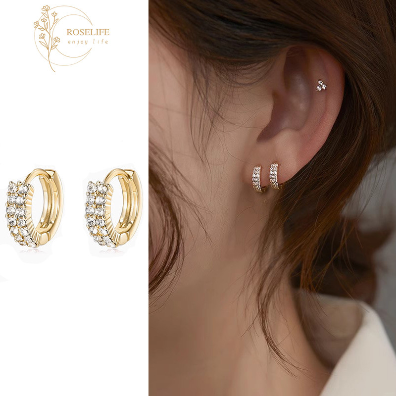 Roselife 1 คู่คลาสสิก 14K Gold Double Layer Glittery Zircon รอบ Hoop ต่างหูสําหรับผู้หญิง Hypoallergenic หูวงกลมเครื่องประดับ