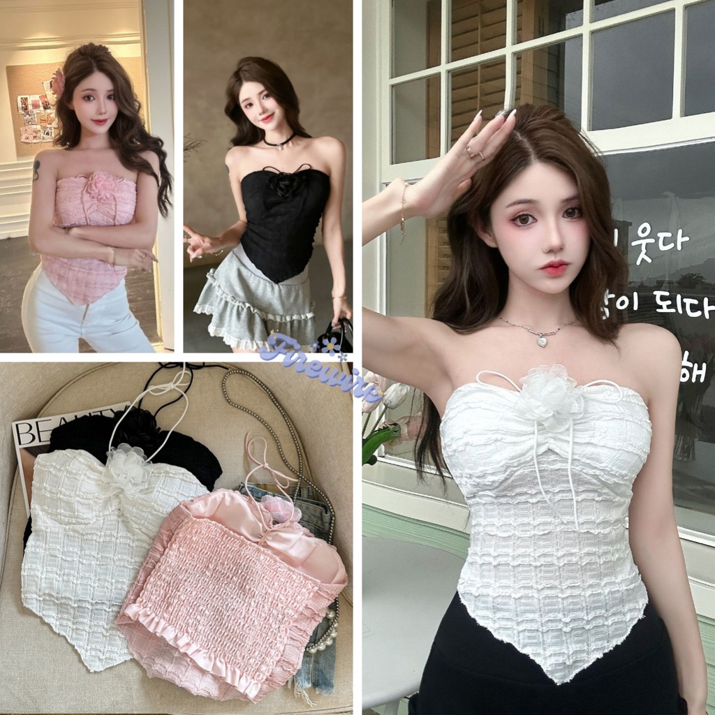 Firewire พร้อมส่ง เสื้อผู้หญิง เสื้อเกาะอก tank top bra สีทึบด้วยเข็มกลัดดอกไม้ วัสดุผ้าไหม (09008)
