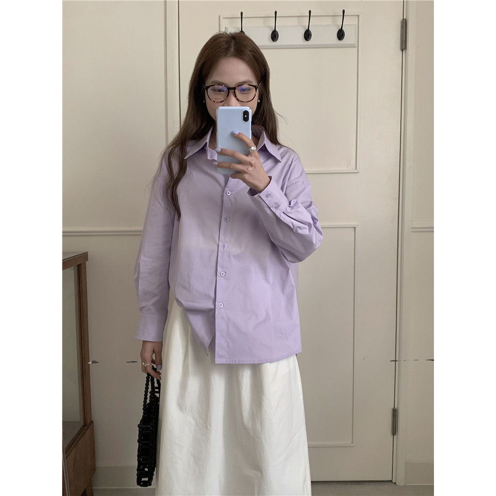 ชุดเสื้อเชิ้ตแขนยาวคอโปโลสไตล์เกาหลีเรียบง่ายและหลากหลาย ทอ Momo 7KQL