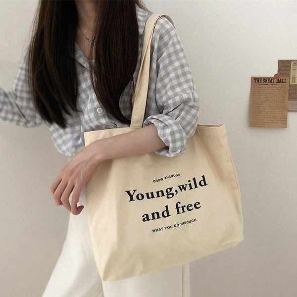 tote bag กระเป๋า tote bag เตรียมใจ สไตล์จดหมายกระเป๋าผ้าใบเรียบง่ายสไตล์เกาหลีสไตล์ขี้เกียจขนาดใหญ่-ความจุกระเป๋าช้อปปิ้งชายนักเรียนหญิง ระดับ ที