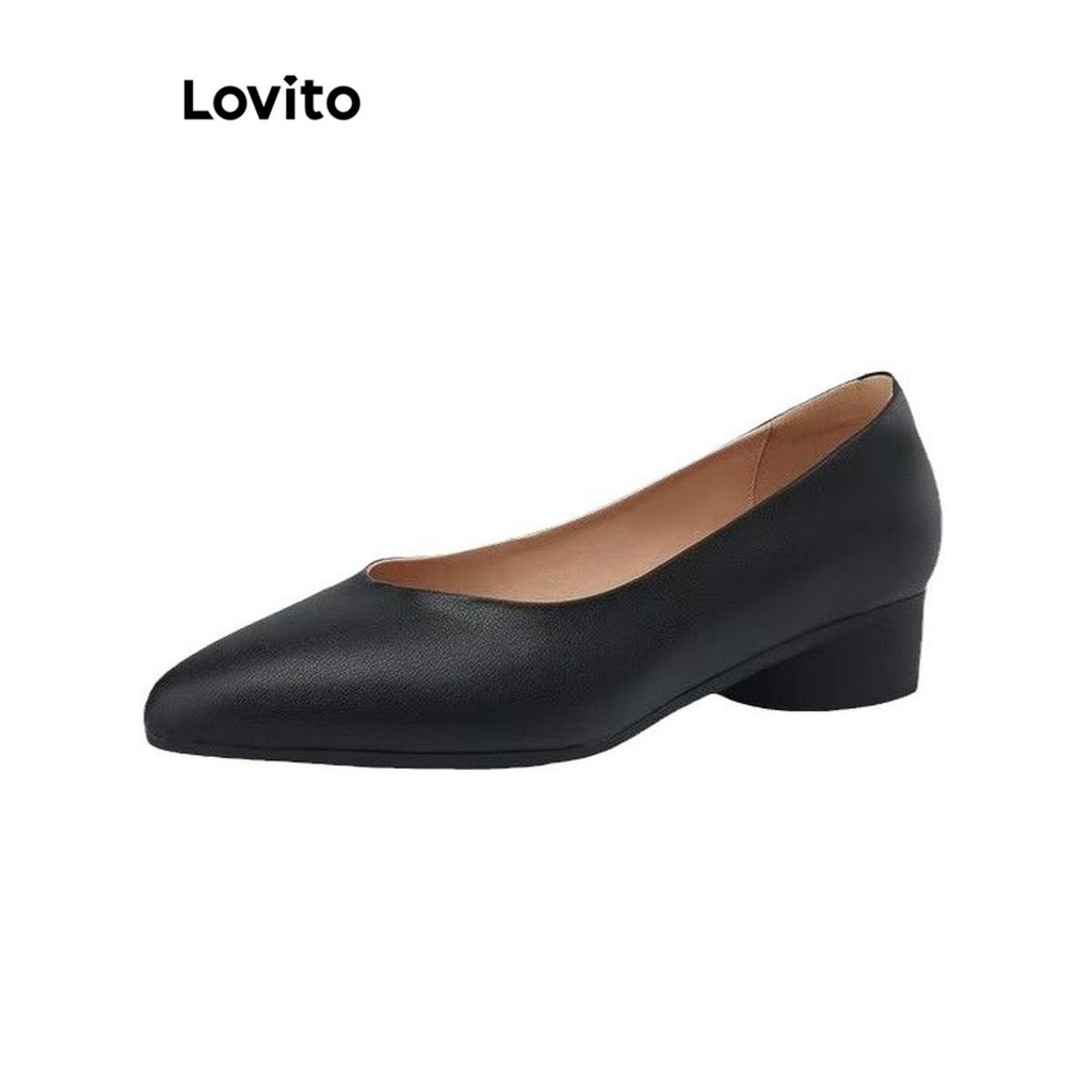 Lovito รองเท้าทํางานหัวแหลมหนังนุ่มธรรมดาหรูหราสไตล์นางฟ้าอ่อนโยนแต่เพียงผู้เดียวร่วมส้นสําหรับผู้หญิง  LFA62116