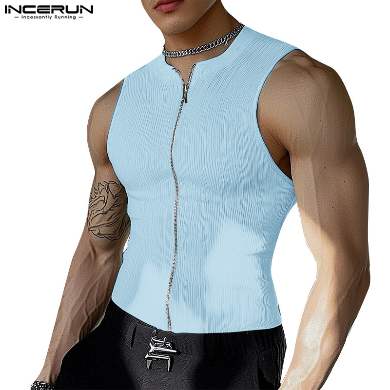 Incerun Men Vintage Minimalist Crew คอแขนกุดซิปถังสีทึบ