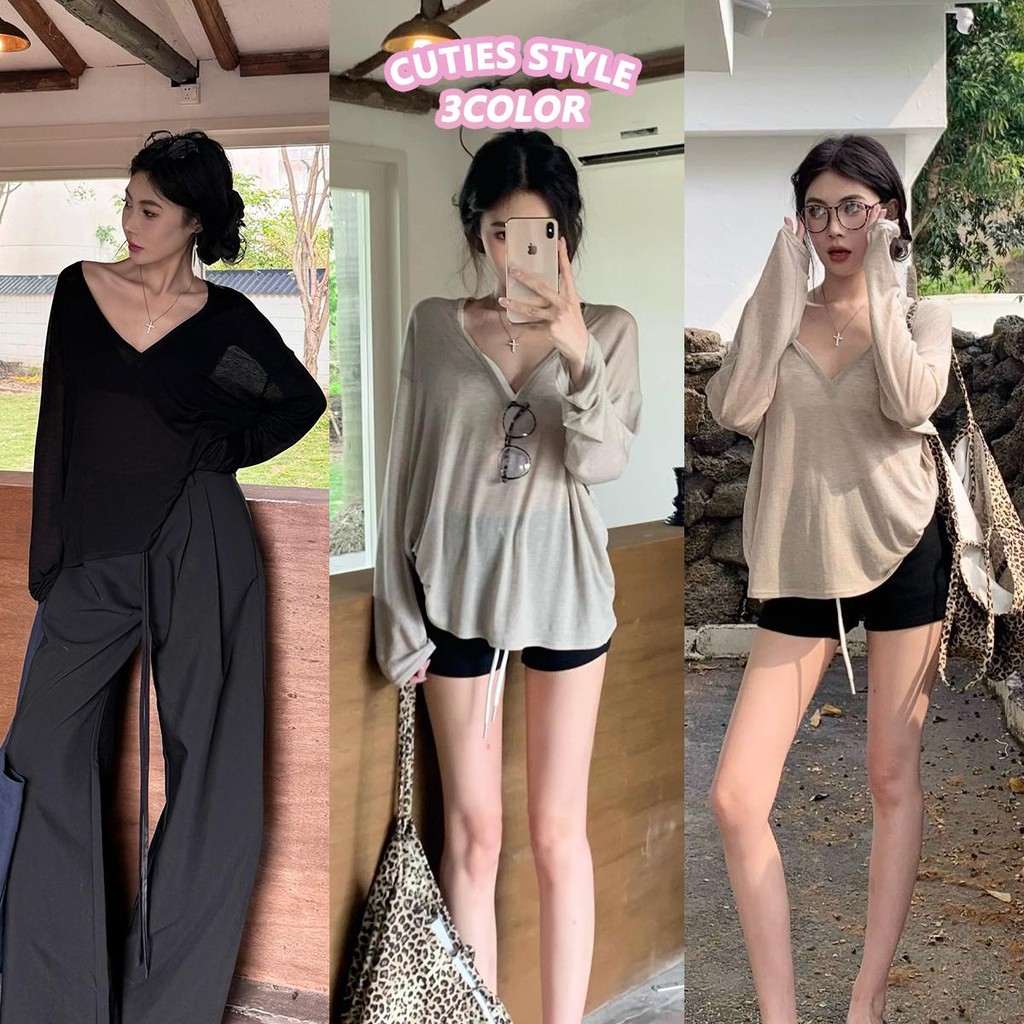 👚Anna👚 เสื้อยืดคอวีแขนยาวโปร่งใส เซ็กซี่และไม่ซ้ำใคร เสื้อเบลาส์กันแดดฤดูร้อนสำหรับผู้หญิงทรงหลวม สวมใส่สบาย Q801