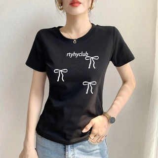 เสื้อยืดแขนสั้นผู้หญิงรุ่นใหม่พิมพ์ลายโบว์ น่ารัก และเซ็กซี่ สีเทา ไหล่หน้า ทรงสลิมฟิต