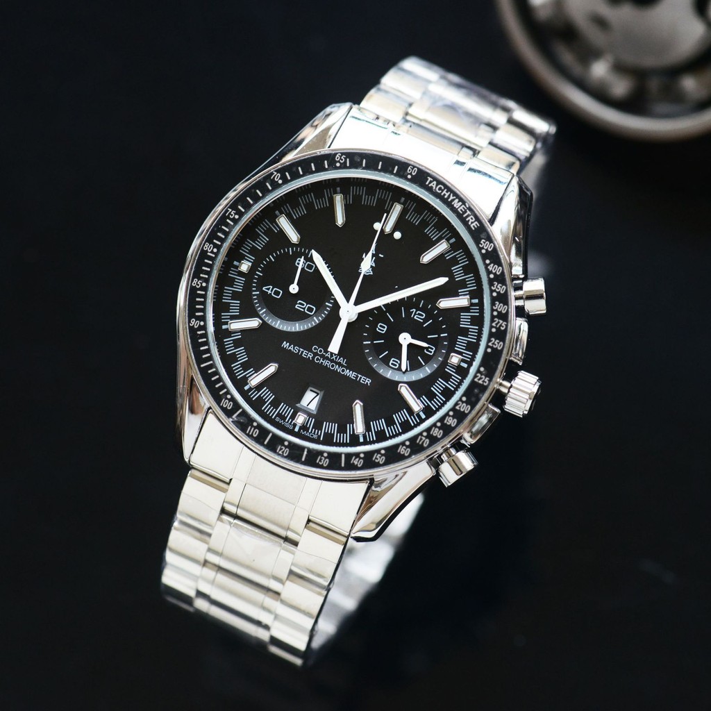 Om Racing Style นาฬิกาผู้ชาย Quartz Chronograph สายเหล็กแข็งซ่อนมือสอง