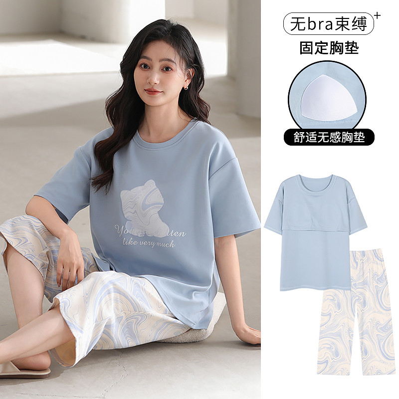 เบาะชุดนอนผู้หญิงชุดนอนผ้าฝ้ายชุดแขนสั้น3/4ความยาวฤดูร้อนเลดี้ชุดนอนผู้หญิงการ์ตูนน่ารักสวมใส่ - รูปที่ 2