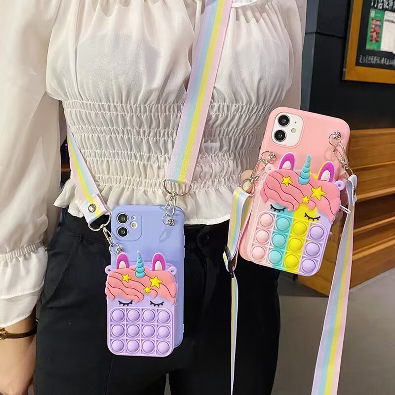 Casing For Huawei P30 Lite Y9 Prime 2019 Y7A Y6P 2020 Nova 3i 4e 5T 7i 9 9SE 10 Pro Rainbow Unicorn Wallet Bag Soft TPU Phone Case With Lanyard