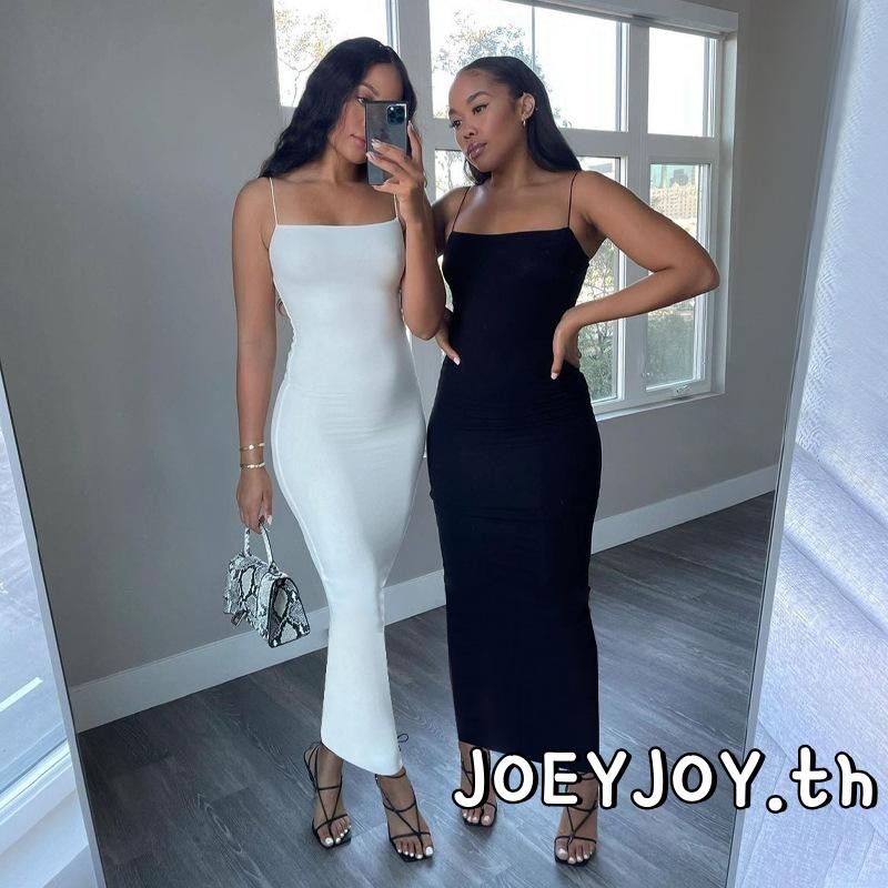 Joeyjoy-ผู้หญิง tidding Bodycon Midi Dress สปาเก็ตตี้แขนกุดสีทึบชุดค็อกเทล
