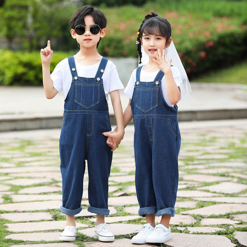 ชุดเครื่องแต่งกาย ชุดเอี๊ยมยีน ทรงหลวม สําหรับเด็กนักเรียนประถม