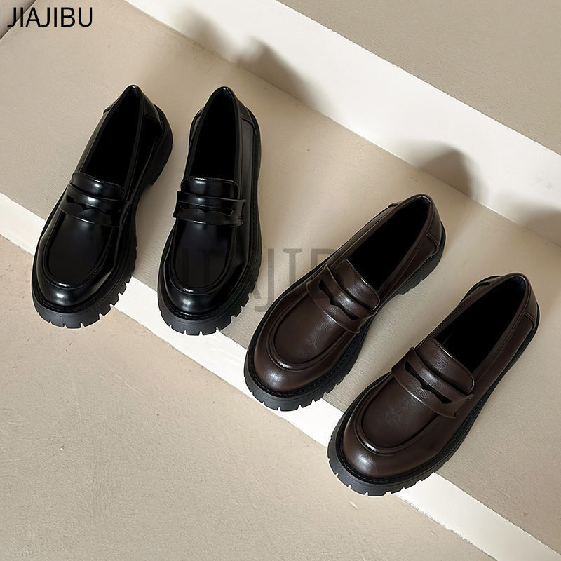 Size 35-43 High Quality Large Size Women's Shoes Korean Fashion Platform Mary Jane Shoes 42 Non-slip Round Toe Thick Heels Lolita Shoes Lazy Shoes Japanese Black Shoes British College Style JK Uniform Shoes Brown Small Leather Shoes Cosplay Princess Shoes