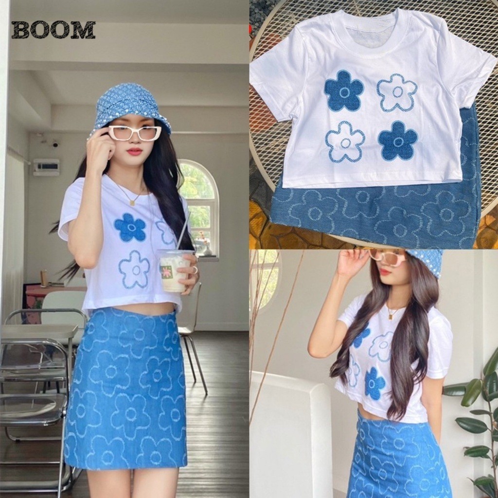 （จัดส่งตลอด 24 ชั่วโมง）BOOM SHOPเสื้อครอปยืดสกรีนลายดอกไม้ยีนส์